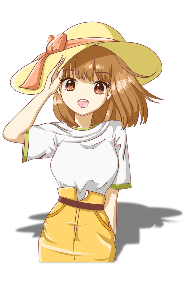 Beautiful anime girl brown hair with yellow hat cartoon